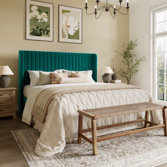 Deep teal velvet upholstered queen bed with tufted wingback headboard, 8-inch clearance, and a solid wood frame.

