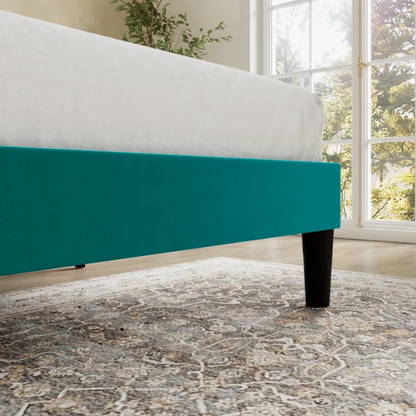 Deep teal velvet upholstered queen bed with tufted wingback headboard, 8-inch clearance, and a solid wood frame.

