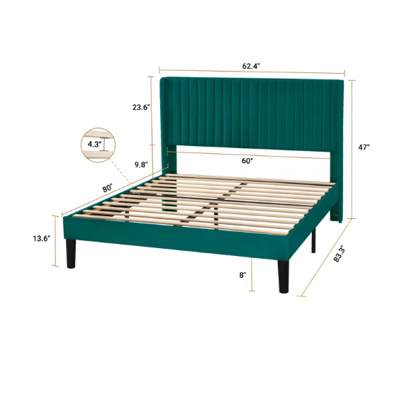 Deep teal velvet upholstered queen bed with tufted wingback headboard, 8-inch clearance, and a solid wood frame.

