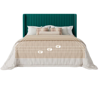 Deep teal velvet upholstered queen bed with tufted wingback headboard, 8-inch clearance, and a solid wood frame.

