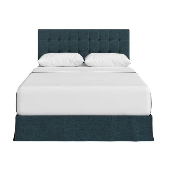 Denim blue upholstered queen bed with tufted wingback headboard and nailhead trim on wood and metal frame.

