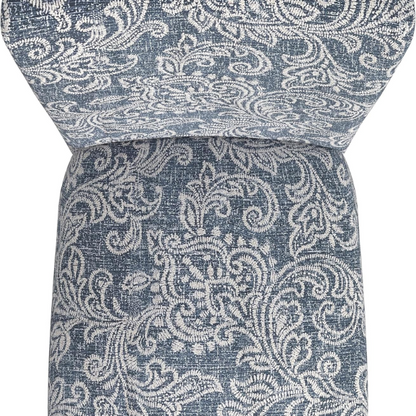 Set of two Parsons dining chairs with denim blue and white floral upholstery, high back design, scalloped seat front, and wood legs
