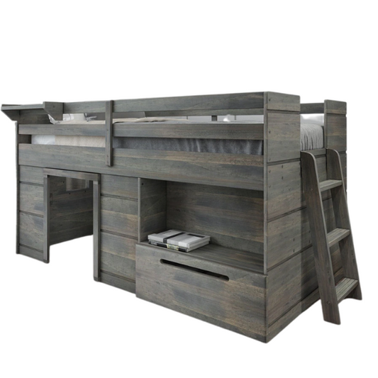 Driftwood grey twin low loft bed with angled ladder, storage drawer, open shelf, and bedside tray – solid wood frame with farmhouse style for kids' bedrooms

