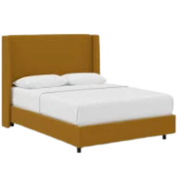 Dry copper king-size upholstered bed in velvet fabric with wingback headboard and low-profile black metal legs.

