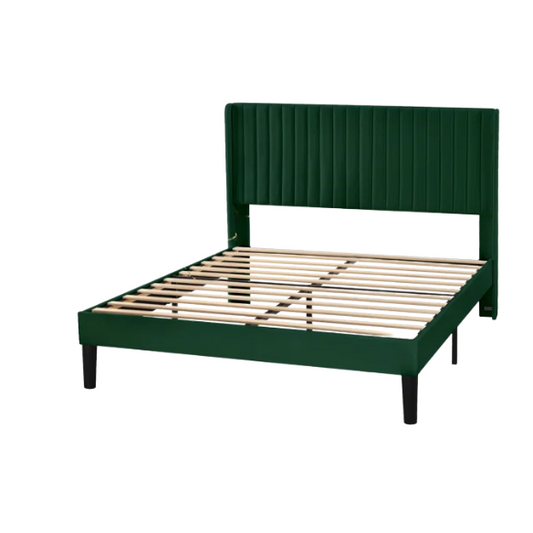 Emerald green velvet queen bed with tufted wingback headboard, 8-inch underbed clearance, and solid wood frame.

