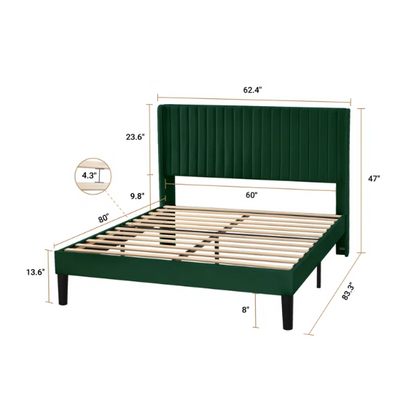 Emerald green velvet queen bed with tufted wingback headboard, 8-inch underbed clearance, and solid wood frame.


