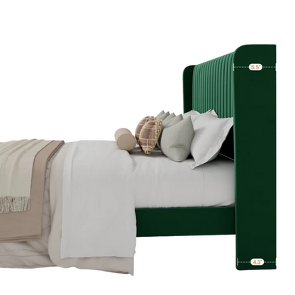 Emerald green velvet queen bed with tufted wingback headboard, 8-inch underbed clearance, and solid wood frame.

