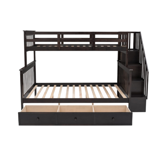 Twin over full bunk bed in espresso finish with stairs, built-in storage compartments, and underbed drawers – solid wood frame ideal for kids and shared bedrooms

