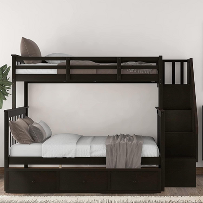 Twin over full bunk bed in espresso finish with stairs, built-in storage compartments, and underbed drawers – solid wood frame ideal for kids and shared bedrooms

