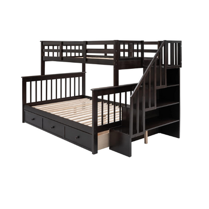 Twin over full bunk bed in espresso finish with stairs, built-in storage compartments, and underbed drawers – solid wood frame ideal for kids and shared bedrooms

