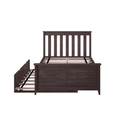Espresso-finished solid wood twin bed with pull-out trundle, modern slatted headboard and footboard, perfect for kids’ rooms and sleepovers.