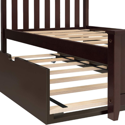 Espresso-finished solid wood twin bed with pull-out trundle, modern slatted headboard and footboard, perfect for kids’ rooms and sleepovers.