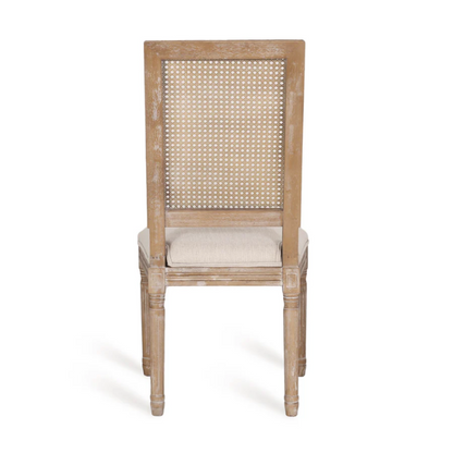 Set of 6 rustic French country-style dining chairs featuring natural wood frames, cane backrests, and soft beige upholstered seat cushions.

