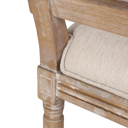 Set of 6 rustic French country-style dining chairs featuring natural wood frames, cane backrests, and soft beige upholstered seat cushions.

