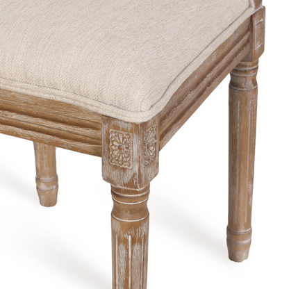 Set of 6 rustic French country-style dining chairs featuring natural wood frames, cane backrests, and soft beige upholstered seat cushions.

