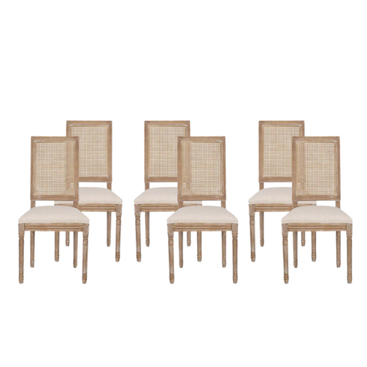 Set of 6 rustic French country-style dining chairs featuring natural wood frames, cane backrests, and soft beige upholstered seat cushions.


