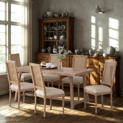 Set of 6 rustic French country-style dining chairs featuring natural wood frames, cane backrests, and soft beige upholstered seat cushions.

