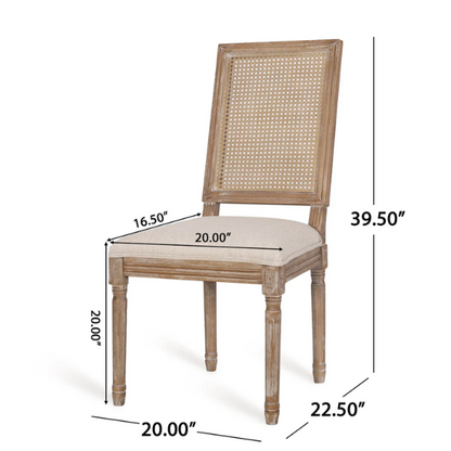 Set of 6 rustic French country-style dining chairs featuring natural wood frames, cane backrests, and soft beige upholstered seat cushions.


