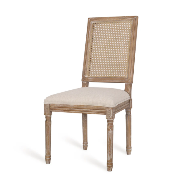 Set of 6 rustic French country-style dining chairs featuring natural wood frames, cane backrests, and soft beige upholstered seat cushions.

