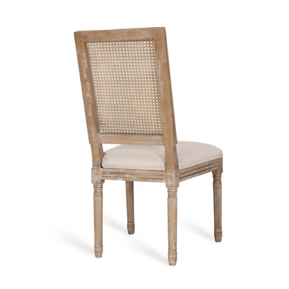 Set of 6 rustic French country-style dining chairs featuring natural wood frames, cane backrests, and soft beige upholstered seat cushions.

