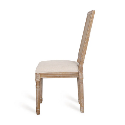 Set of 6 rustic French country-style dining chairs featuring natural wood frames, cane backrests, and soft beige upholstered seat cushions.


