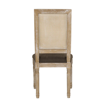 Set of 6 French country-style dining chairs featuring natural wood frames, cane backrests, and soft brown upholstered seats with fluted legs.

