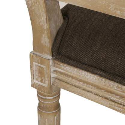 Set of 6 French country-style dining chairs featuring natural wood frames, cane backrests, and soft brown upholstered seats with fluted legs.

