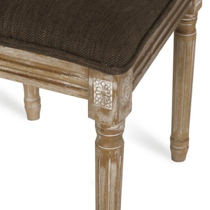 Set of 6 French country-style dining chairs featuring natural wood frames, cane backrests, and soft brown upholstered seats with fluted legs.

