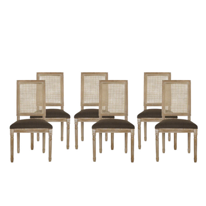 Set of 6 French country-style dining chairs featuring natural wood frames, cane backrests, and soft brown upholstered seats with fluted legs.

