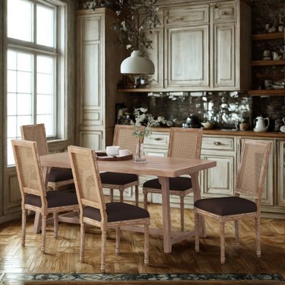 Set of 6 French country-style dining chairs featuring natural wood frames, cane backrests, and soft brown upholstered seats with fluted legs.

