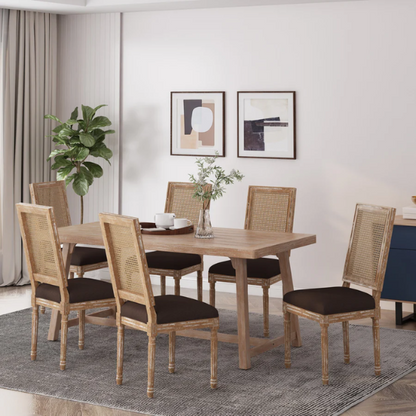 Set of 6 French country-style dining chairs featuring natural wood frames, cane backrests, and soft brown upholstered seats with fluted legs.

