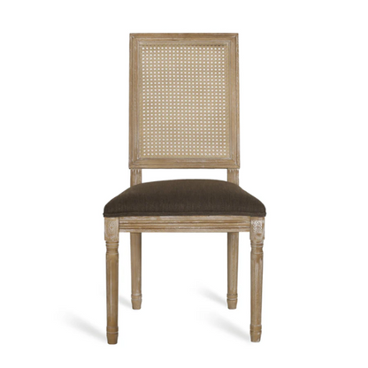 Set of 6 French country-style dining chairs featuring natural wood frames, cane backrests, and soft brown upholstered seats with fluted legs.

