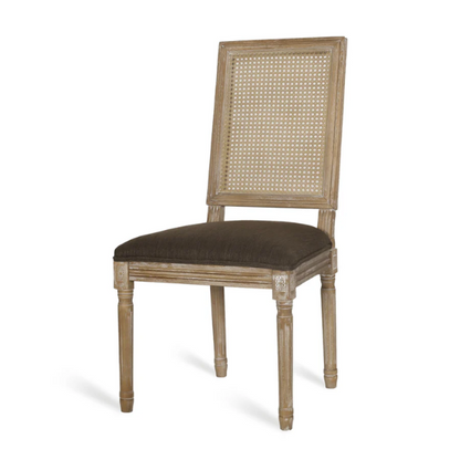 Set of 6 French country-style dining chairs featuring natural wood frames, cane backrests, and soft brown upholstered seats with fluted legs.

