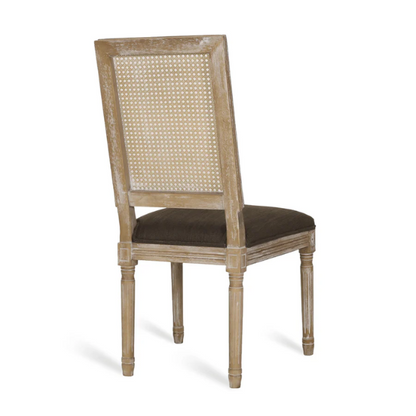 Set of 6 French country-style dining chairs featuring natural wood frames, cane backrests, and soft brown upholstered seats with fluted legs.

