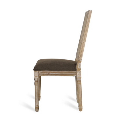Set of 6 French country-style dining chairs featuring natural wood frames, cane backrests, and soft brown upholstered seats with fluted legs.

