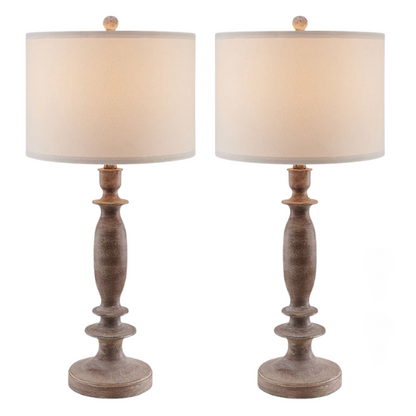 Set of 2 farmhouse-style 29-inch table lamps with hand-painted wood finish, white linen drum shades, and energy-efficient LED bulbs