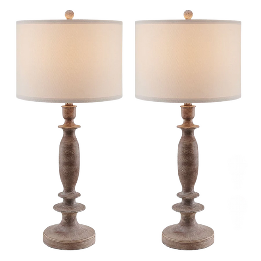 Set of 2 farmhouse-style 29-inch table lamps with hand-painted wood finish, white linen drum shades, and energy-efficient LED bulbs