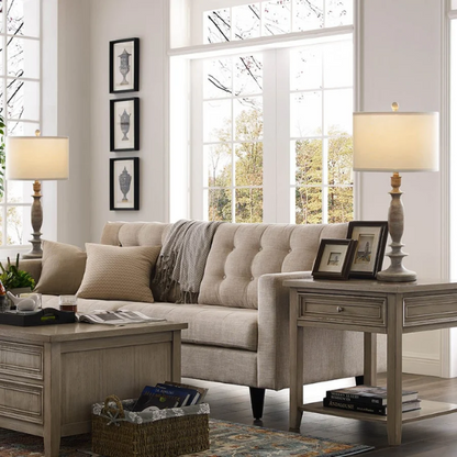 Set of 2 farmhouse-style 29-inch table lamps with hand-painted wood finish, white linen drum shades, and energy-efficient LED bulbs