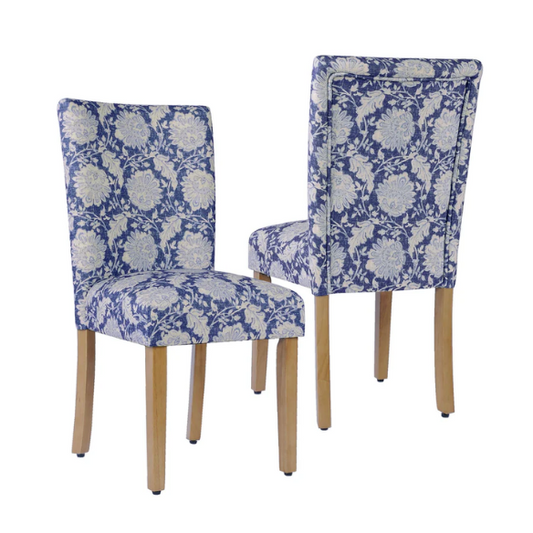 Set of two blue and cream floral Parsons dining chairs with high back, scalloped seat front, and wood legs in a traditional design