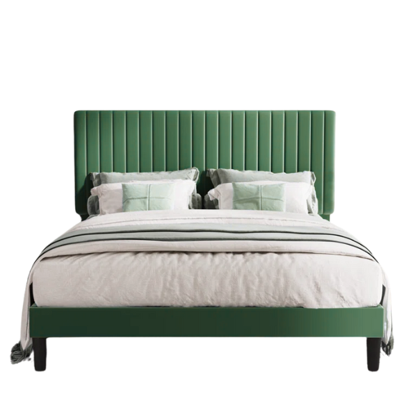 Forest green velvet upholstered queen bed with tufted rectangular headboard and low-profile frame.

