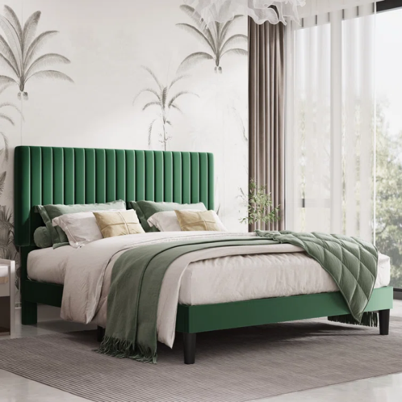 Forest green velvet upholstered queen bed with tufted rectangular headboard and low-profile frame.

