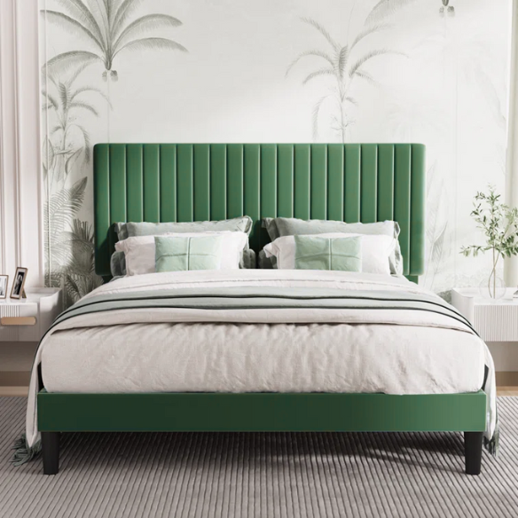 Forest green velvet upholstered queen bed with tufted rectangular headboard and low-profile frame.

