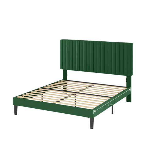 Forest green velvet upholstered queen bed with tufted rectangular headboard and low-profile frame.

