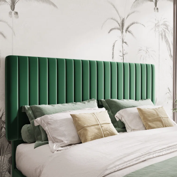 Forest green velvet upholstered queen bed with tufted rectangular headboard and low-profile frame.

