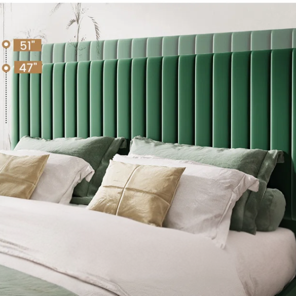 Forest green velvet upholstered queen bed with tufted rectangular headboard and low-profile frame.

