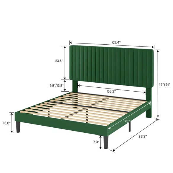 Forest green velvet upholstered queen bed with tufted rectangular headboard and low-profile frame.

