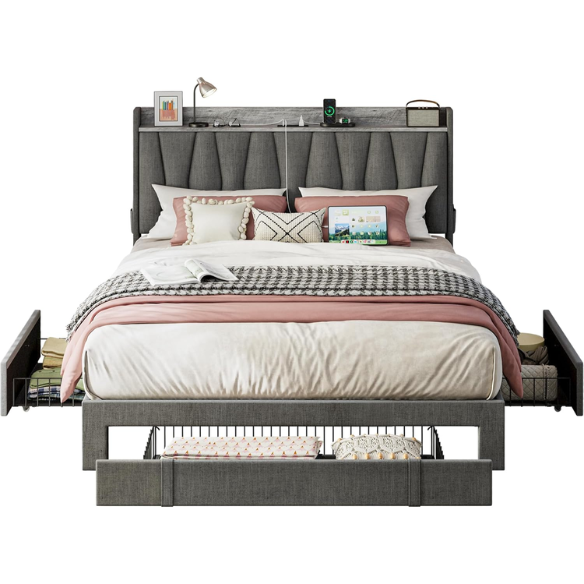 Full size dark grey upholstered platform bed with padded linen headboard, built-in storage shelf and charging station, and three underbed rolling drawers for extra storage.

