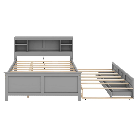 Full size wooden platform bed in modern finish with USB headboard, three underbed storage drawers, and twin-size trundle bed for extra sleeping space.

