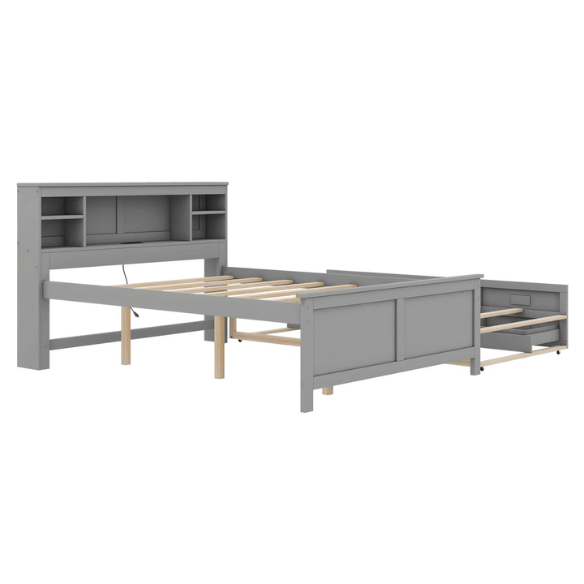 Full size wooden platform bed in modern finish with USB headboard, three underbed storage drawers, and twin-size trundle bed for extra sleeping space.

