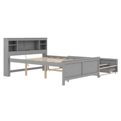 Full size wooden platform bed in modern finish with USB headboard, three underbed storage drawers, and twin-size trundle bed for extra sleeping space.

